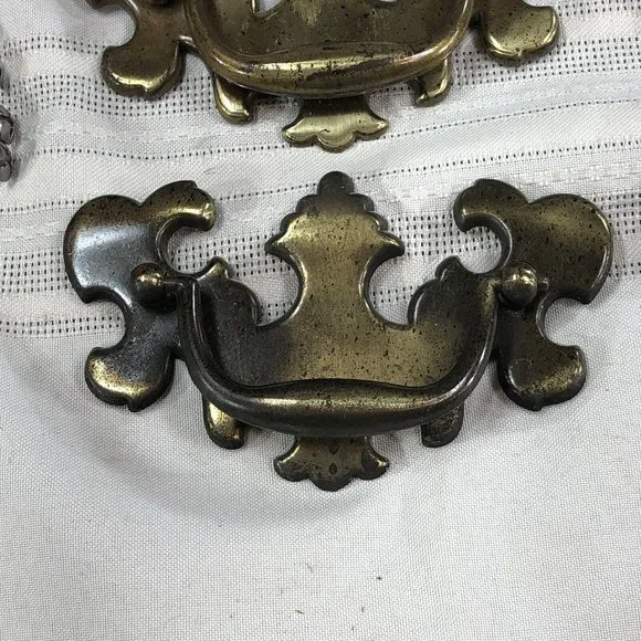 6PC Large Queen Anne Chippendale Drawer Pulls Lock Plate Brass Tone Metal Screws solofficialkw.com